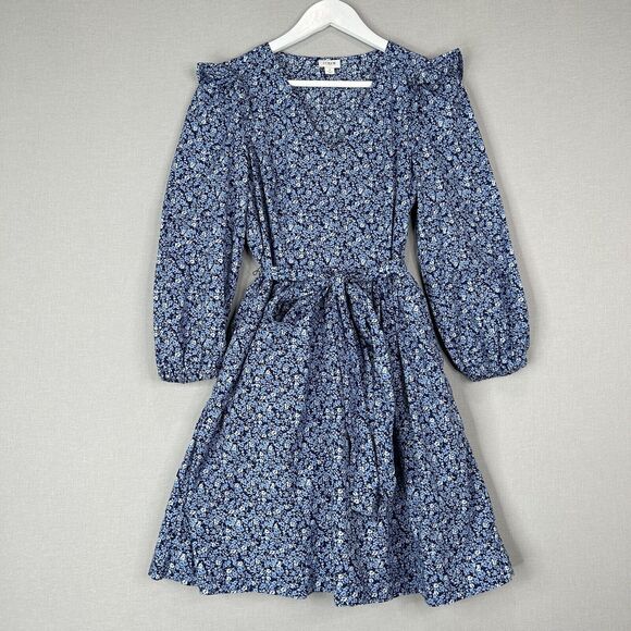 J.Crew Womens Dress Small Blue 100% Cotton Floral Puff Sleeve Belted Preppy Boho - Picture 1 of 15
